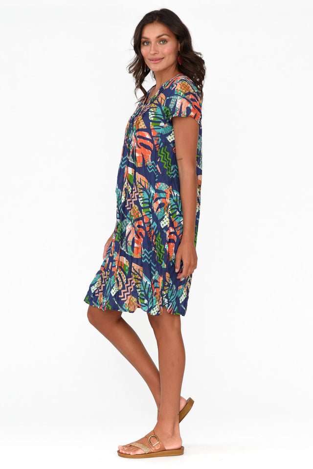 Sabina Navy Leaf Crinkle Cotton Dress