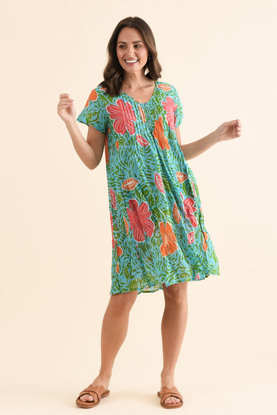 Sabina Pink Tropical Crinkle Cotton Dress