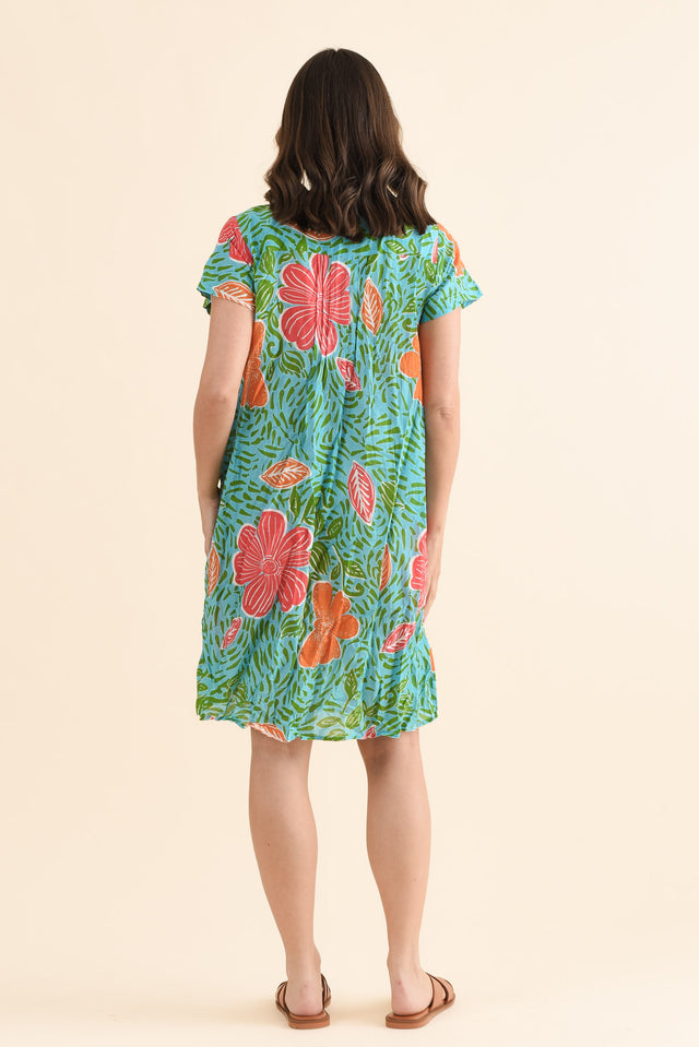 Sabina Pink Tropical Crinkle Cotton Dress,Back,Brunette model,alt text|model:MJ image 4