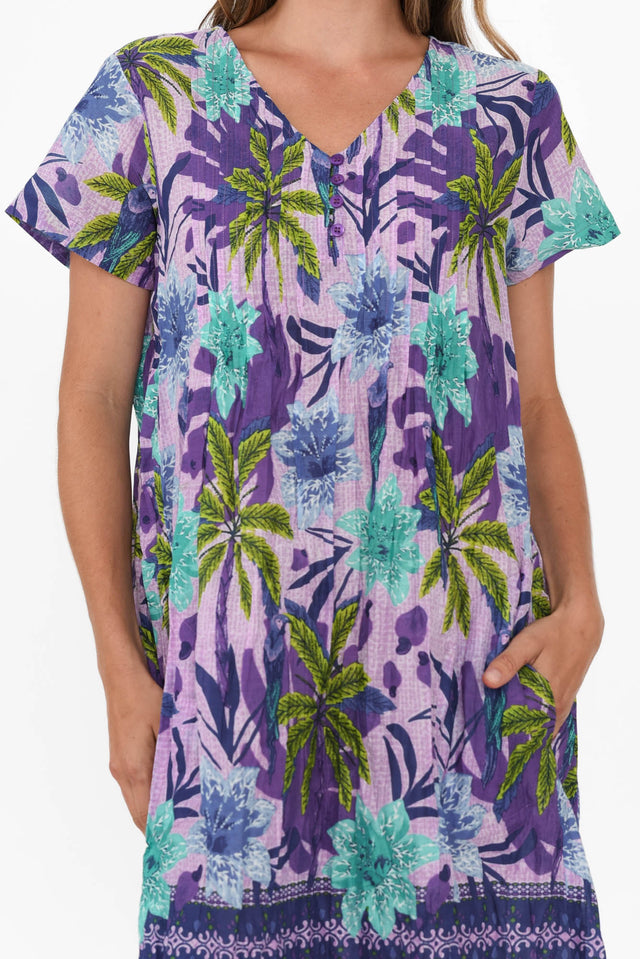 Sabina Purple Palm Crinkle Cotton Dress,Brunette model,alt text|model:Johanna image 6