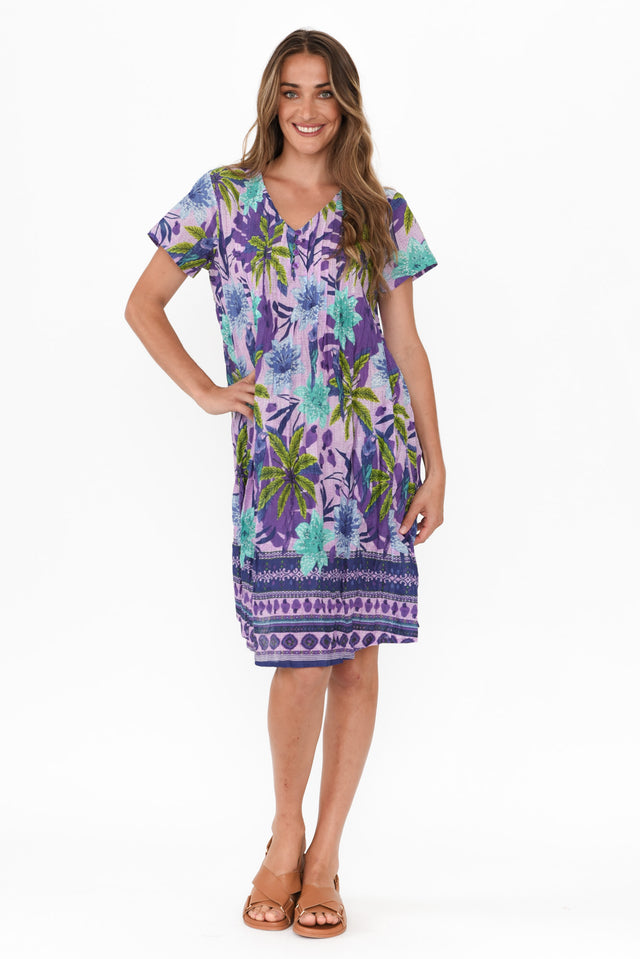 Sabina Purple Palm Crinkle Cotton Dress,Brunette model,alt text|model:Johanna image 3
