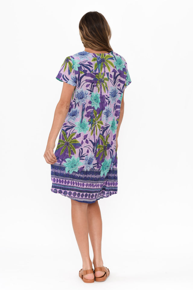 Sabina Purple Palm Crinkle Cotton Dress,Brunette model,alt text|model:Johanna image 5