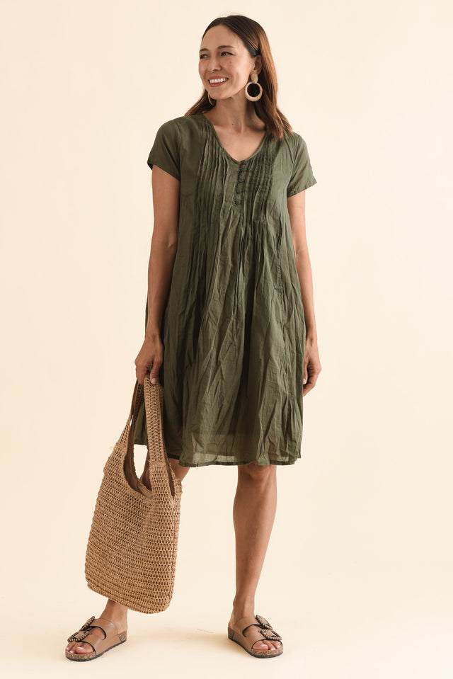 Sabina Sage Crinkle Cotton Dress,Front,Brunette model,alt text|model:Cara