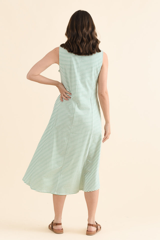 Sabrina Green Stripe Cotton Pocket Dress,Back,Brunette model,alt text|model:MJ image 5