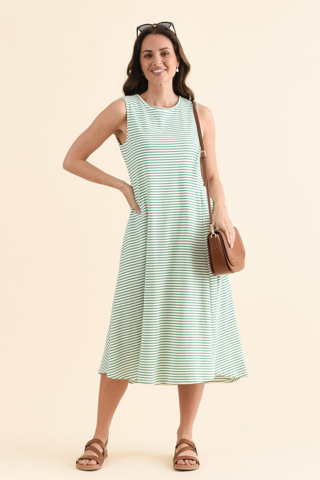 Sabrina Green Stripe Cotton Pocket Dress,Front,Brunette model,alt text|model:MJ