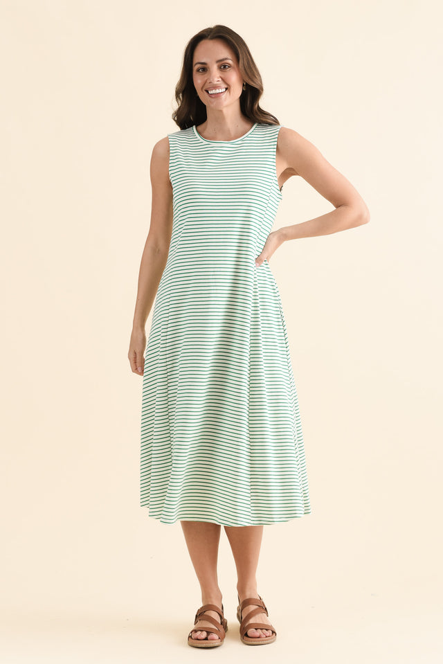 Sabrina Green Stripe Cotton Pocket Dress,Full Body,Brunette model,alt text|model:MJ image 3