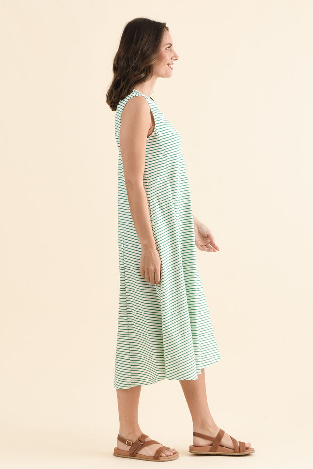 Sabrina Green Stripe Cotton Pocket Dress,Side,Brunette model,alt text|model:MJ image 4