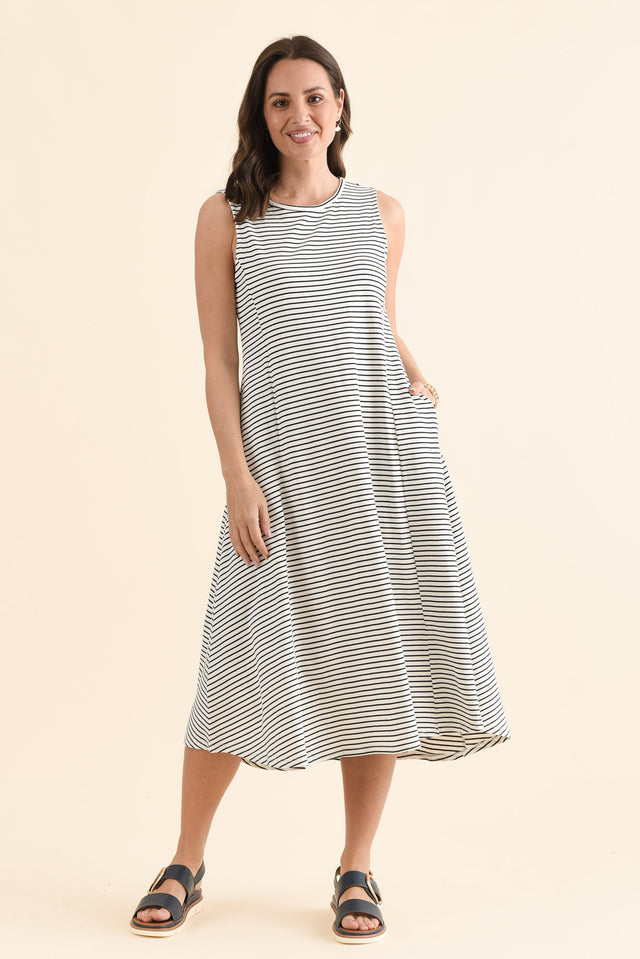 Sabrina Navy Stripe Cotton Pocket Dress,Full Body,Brunette model,alt text|model:MJ image 3