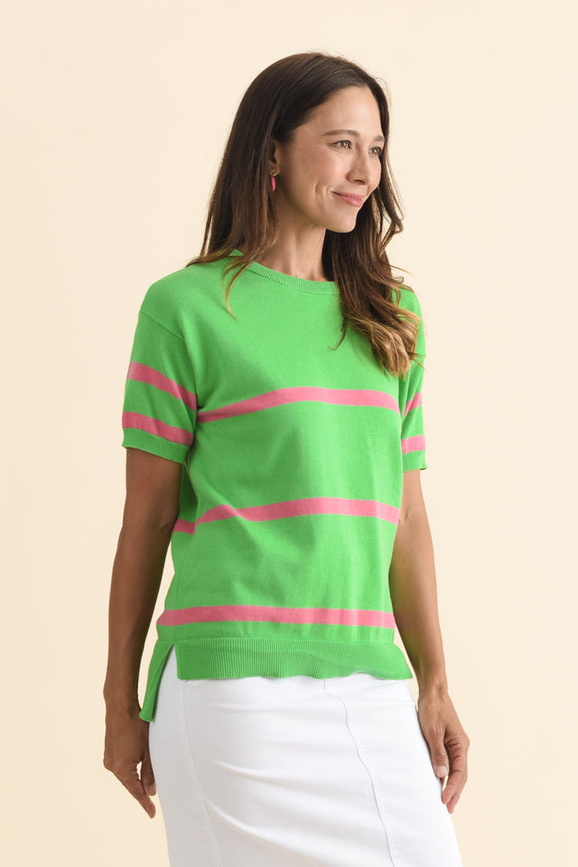 Sage Green Stripe Cotton Knit Top,Brunette model,alt text|model:Cara image 5