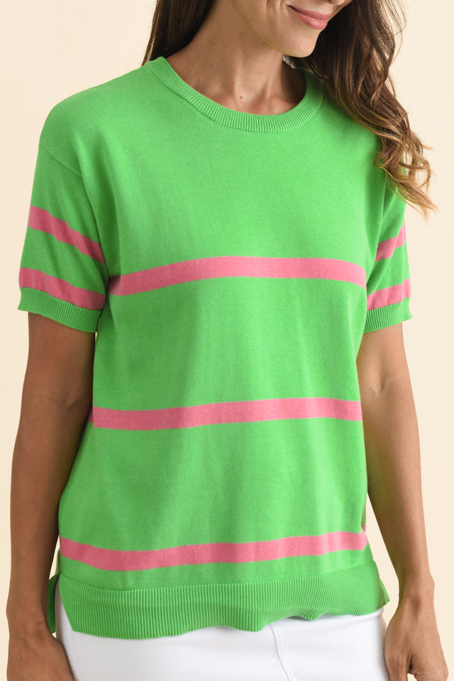 Sage Green Stripe Cotton Knit Top,Brunette model,alt text|model:Cara image 7