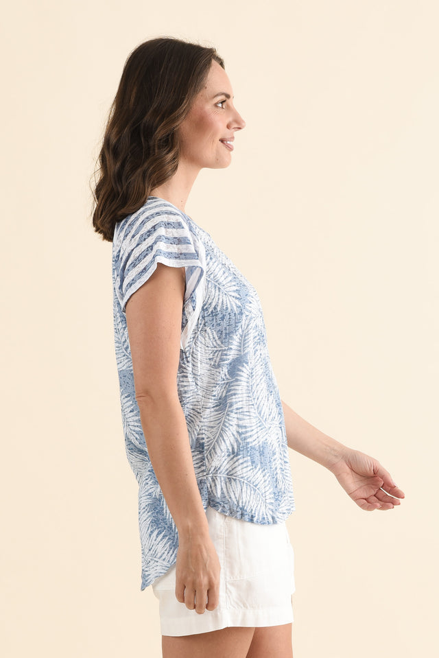Sail Blue Palm Cotton Blend Tee,Side,Brunette model,alt text|model:MJ image 3