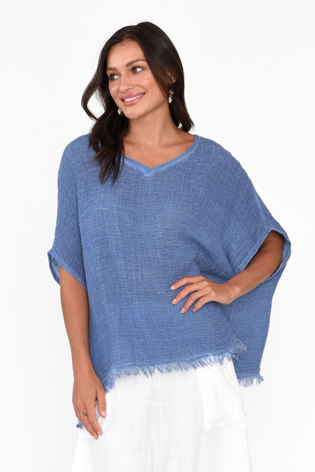 Saira Blue Linen Cotton Frayed Top neckline_V Neck  alt text|model:Brontie;wearing:One Size