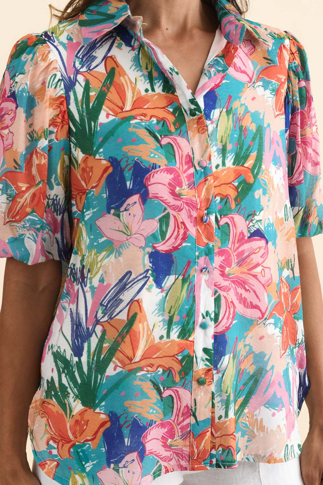Salma Blue Lily Puff Sleeve Shirt,Brunette model,alt text|model:Cara image 6
