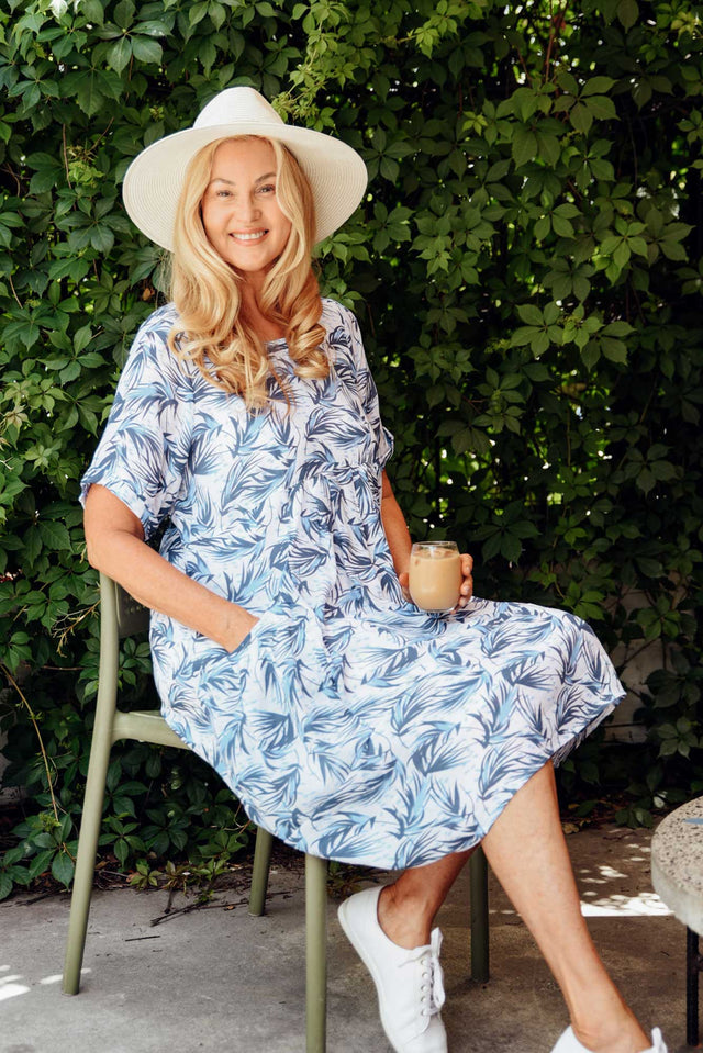 Saloma Blue Palm Cotton Blend Dress