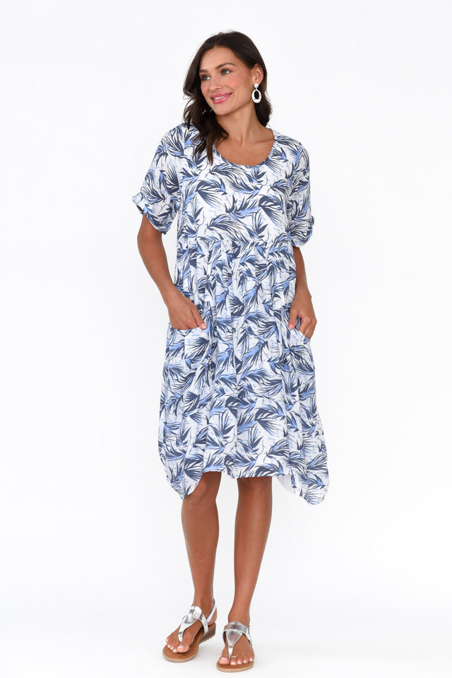 Saloma Blue Palm Cotton Blend Dress