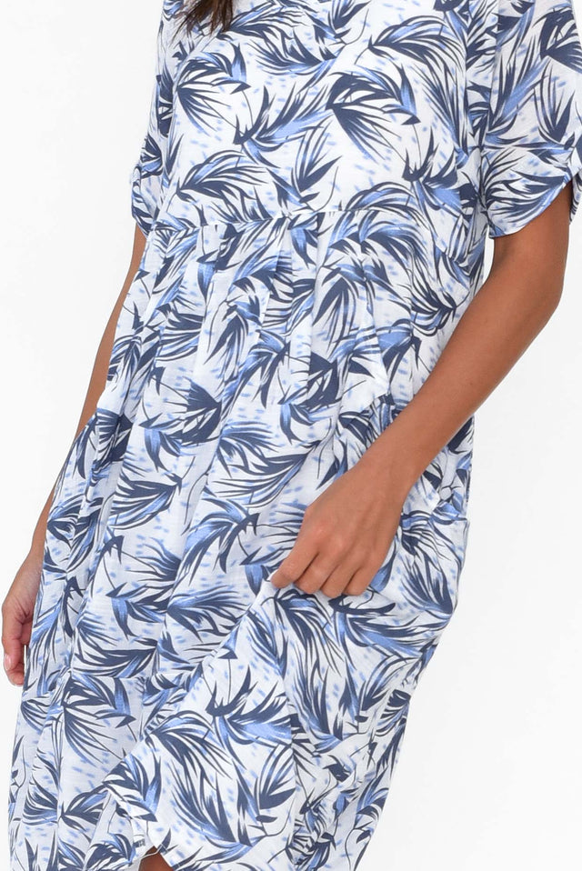 Saloma Blue Palm Cotton Blend Dress