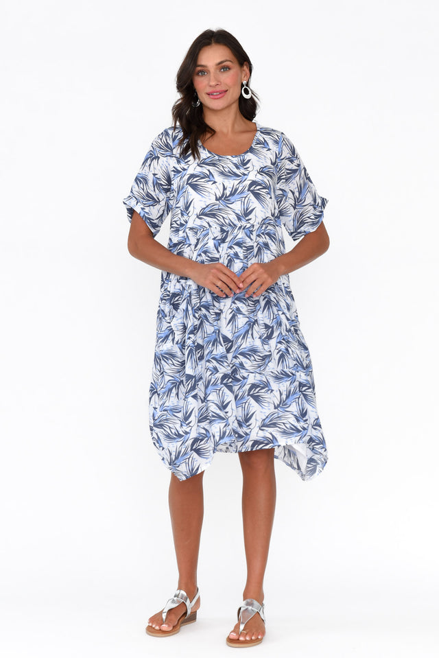 Saloma Blue Palm Cotton Blend Dress