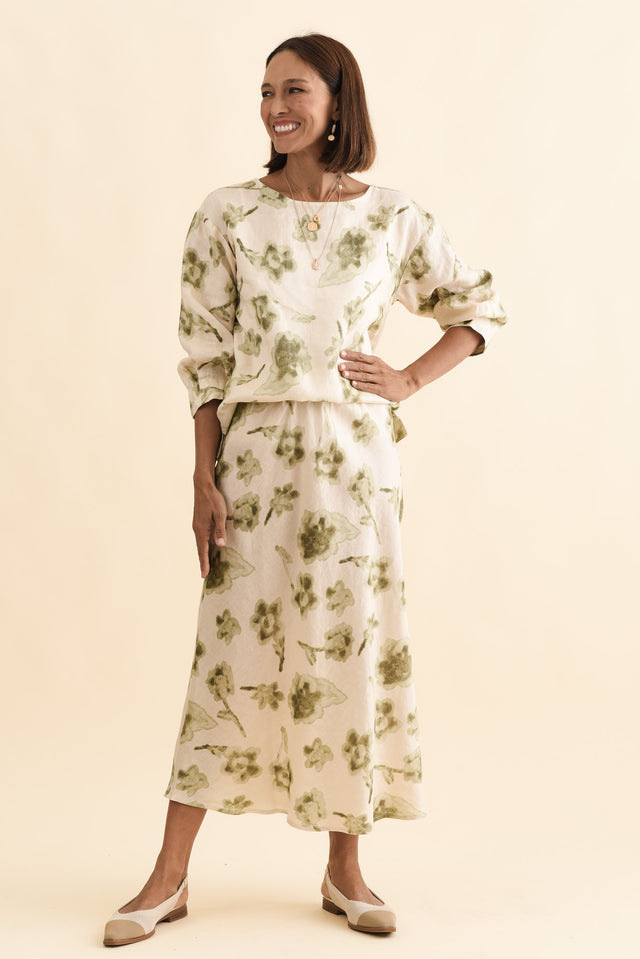 Modena Cream Floral Linen Midi Skirt,Brunette model,alt text|model:Cara image 7