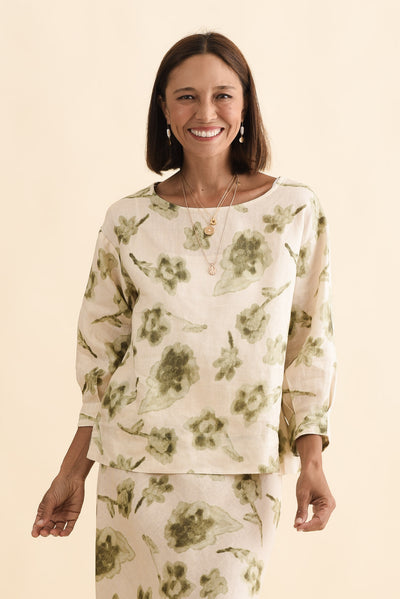 Saloma Cream Floral Linen Scoop Neck Top
