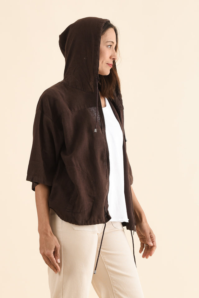 Saltair Chocolate Linen Zip Jacket,Side,Brunette model,alt text|model:Cara image 3
