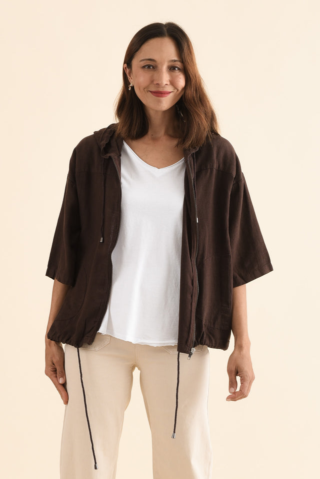Saltair Chocolate Linen Zip Jacket,Front,Brunette model,alt text|model:Cara image 1