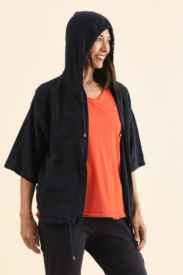 Saltair Navy Linen Zip Jacket,Side,Brunette model,alt text|model:Cara image 3