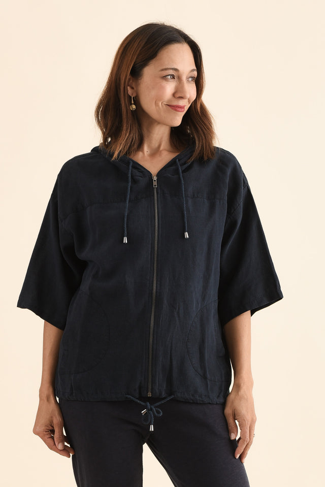 Saltair Navy Linen Zip Jacket,Front,Brunette model,alt text|model:Cara image 1