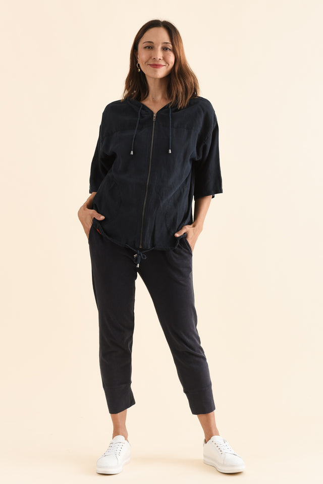 Saltair Navy Linen Zip Jacket,Full Body,Brunette model,alt text|model:Cara image 2
