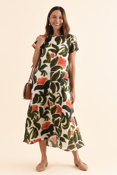 Salute Orange Flower Linen Dress