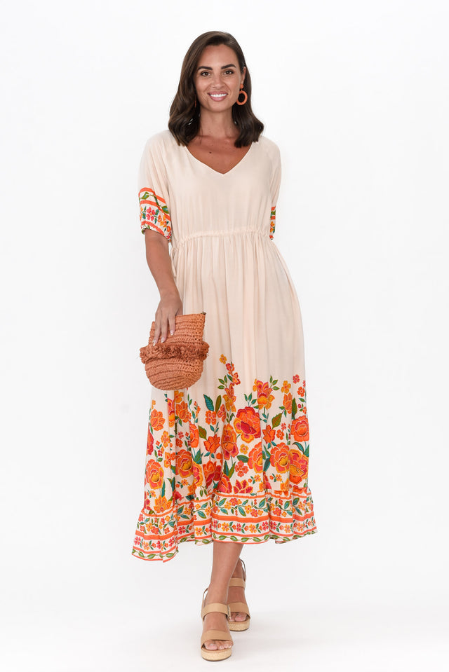 Samin Orange Floral V Neck Dress