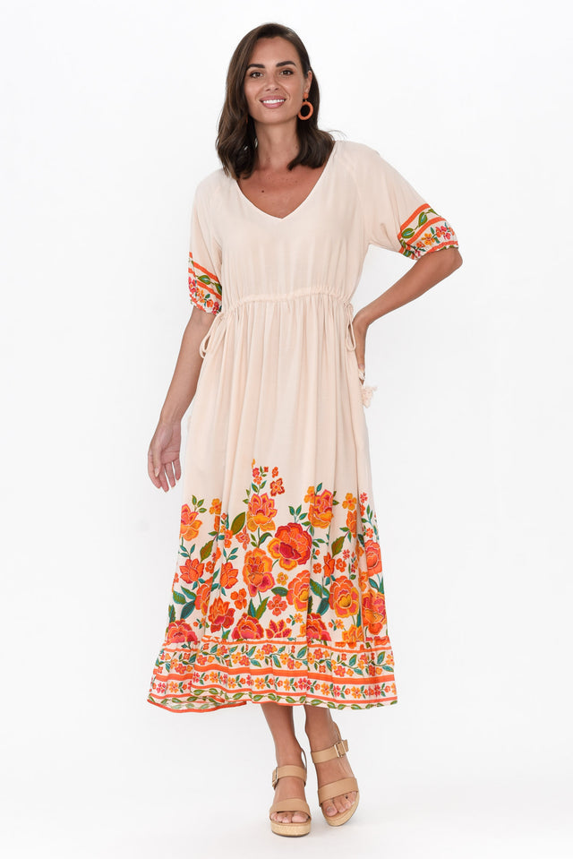 Samin Orange Floral V Neck Dress