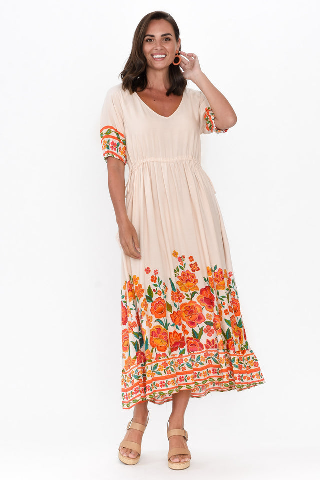 Samin Orange Floral V Neck Dress