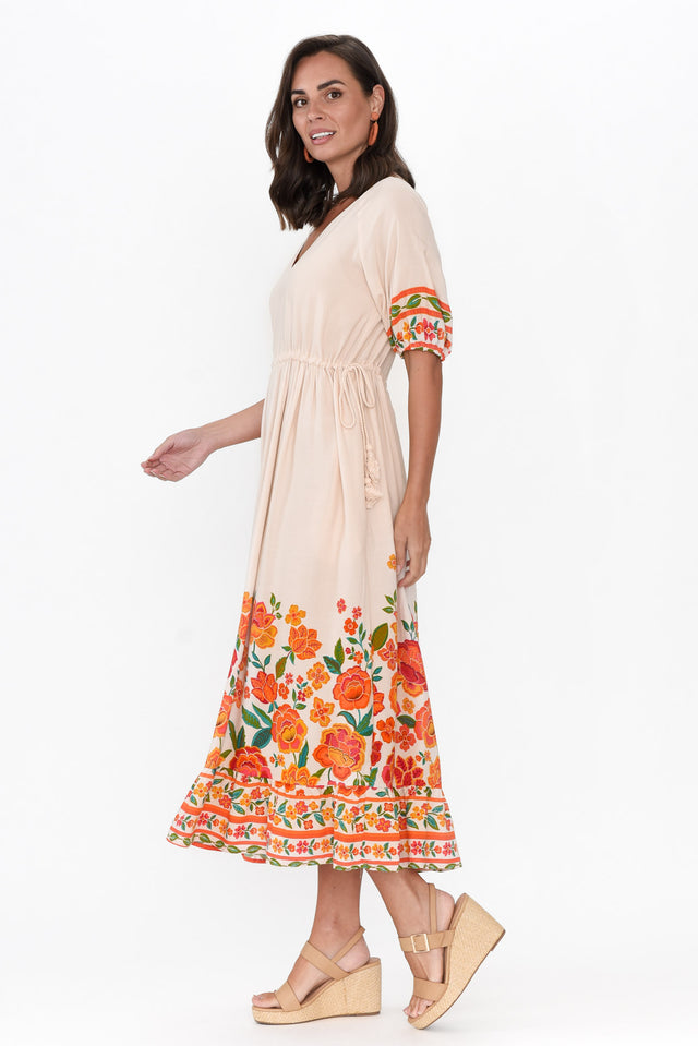 Samin Orange Floral V Neck Dress