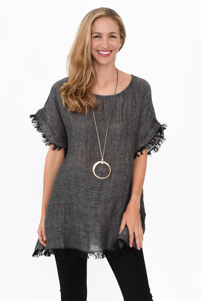 Sancia Charcoal Linen Frayed Top