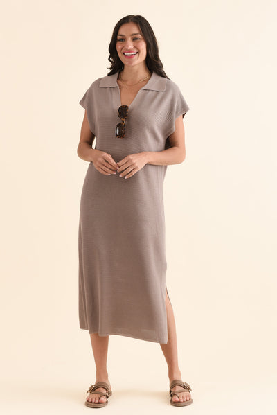 Santaz Taupe Collared Tie Dress