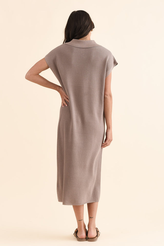 Santaz Taupe Collared Tie Dress,Back,Brunette model,alt text|model:Brontie image 4