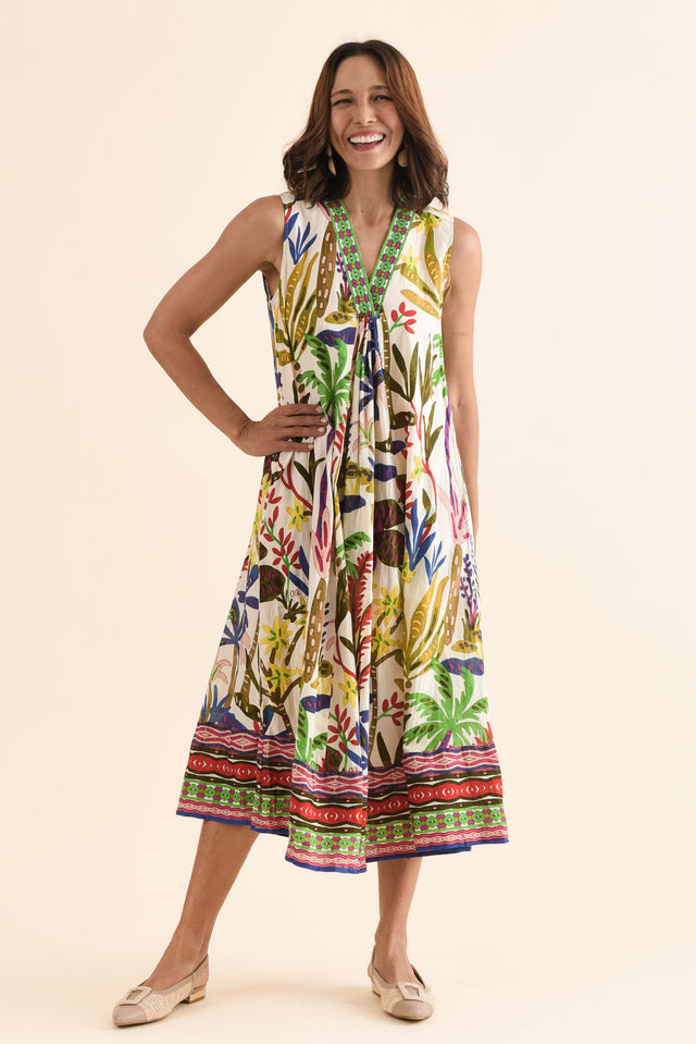 Sarai Blue Tropical Organic Cotton Sleeveless Dress,Full Body,Brunette model,alt text|model:Cara image 2