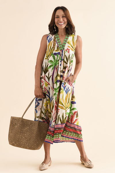Sarai Blue Tropical Organic Cotton Sleeveless Dress