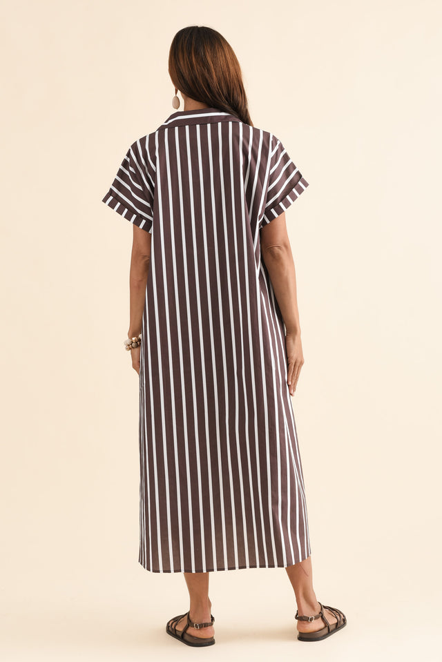 Sashi Chocolate Stripe Cotton Shirt Dress,Back,Brunette model,alt text|model:Cara image 4