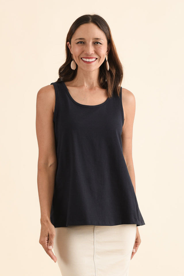 Satine Navy Cotton Pleated Tank,Front,Brunette model,alt text|model:Cara