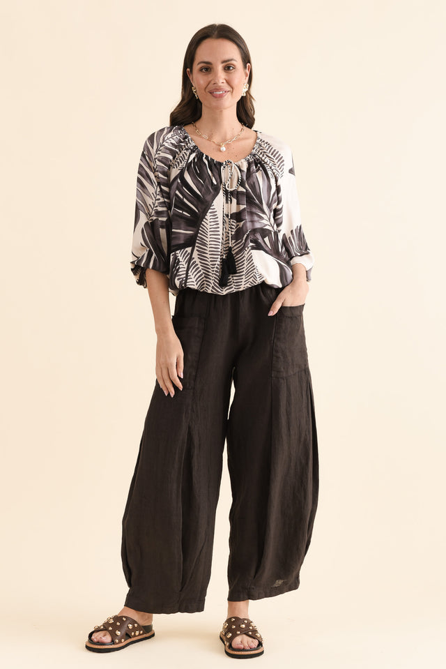 Ona Chocolate Linen Barrel Pants,Full Body,Brunette model,alt text|model:MJ image 6
