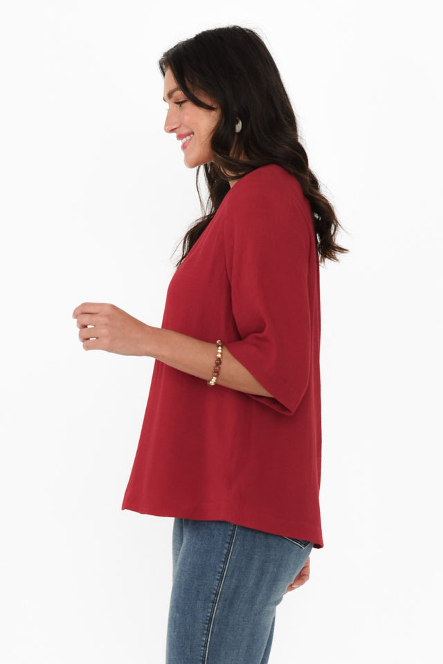 Selena Red 3/4 Sleeve Top,Brunette model,alt text|model:Brontie image 4