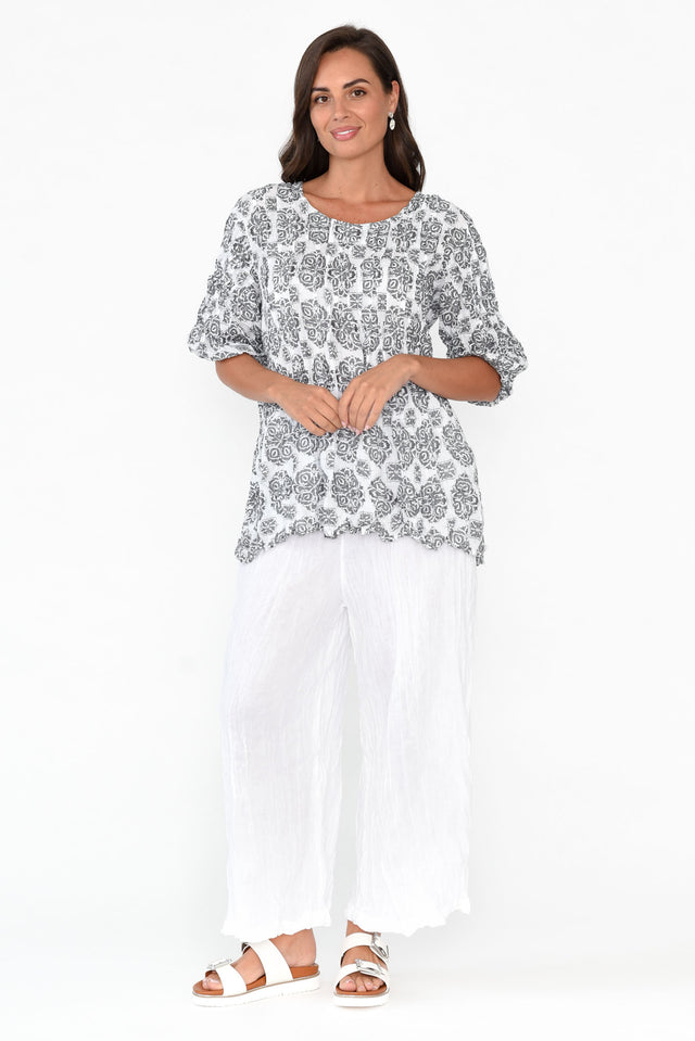 Costello White Crinkle Cotton Pants,Brunette model,alt text|model:MJ image 6