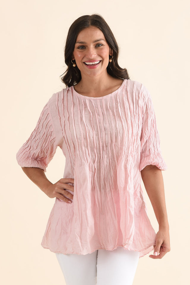Selma Pink Crinkle Cotton Top,Front,Brunette model,alt text|model:Brontie