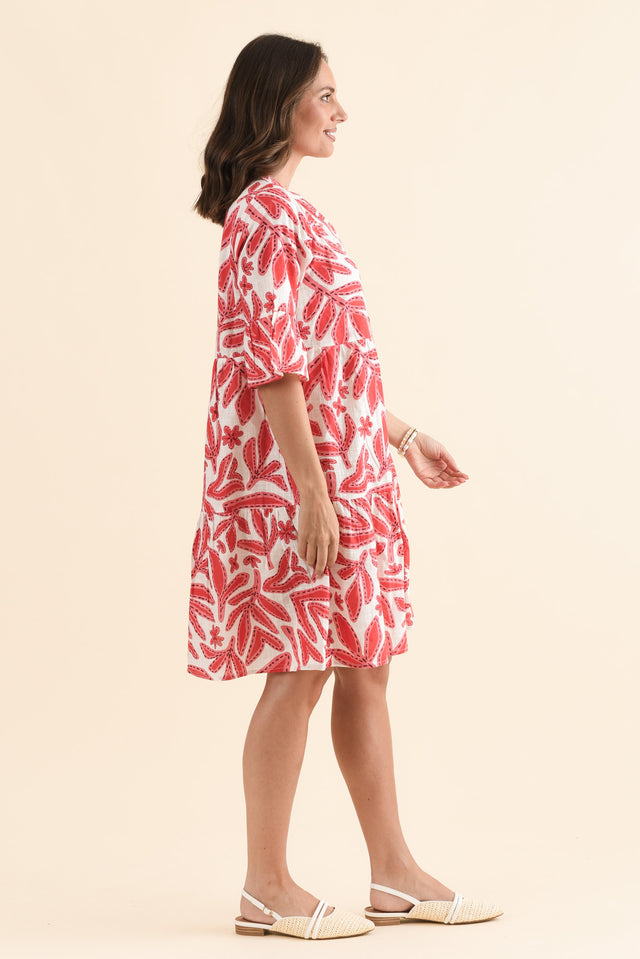 Senna Red Leaf Cotton Dress,Side,Brunette model,alt text|model:MJ image 3