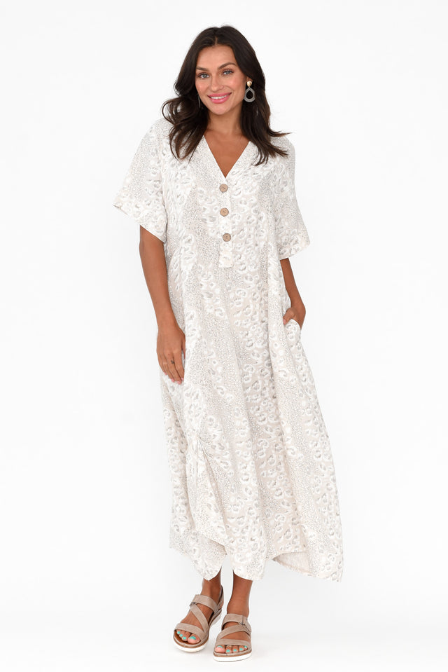 Serenova Beige Abstract Linen Dress