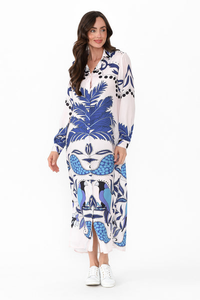 Shayli Blue Tropical Shirt Dress