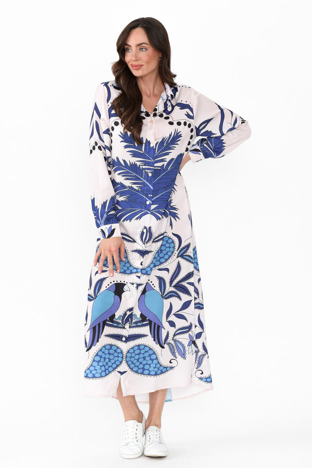 Shayli Blue Tropical Shirt Dress,Brunette model,alt text|model:Elouise image 4