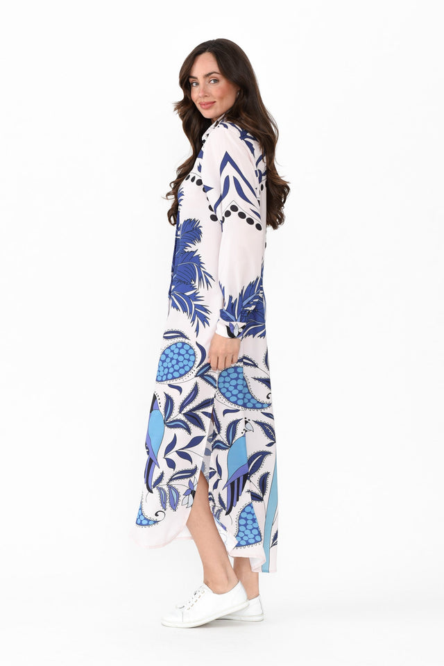 Shayli Blue Tropical Shirt Dress,Brunette model,alt text|model:Elouise image 5