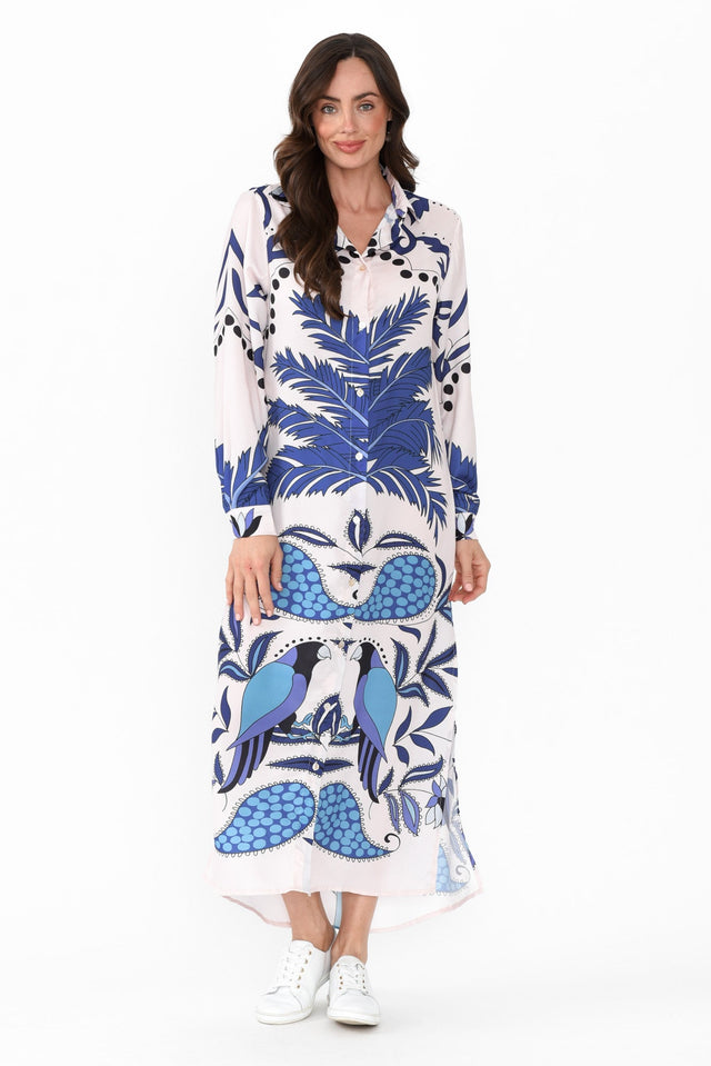 Shayli Blue Tropical Shirt Dress,Brunette model,alt text|model:Elouise image 8
